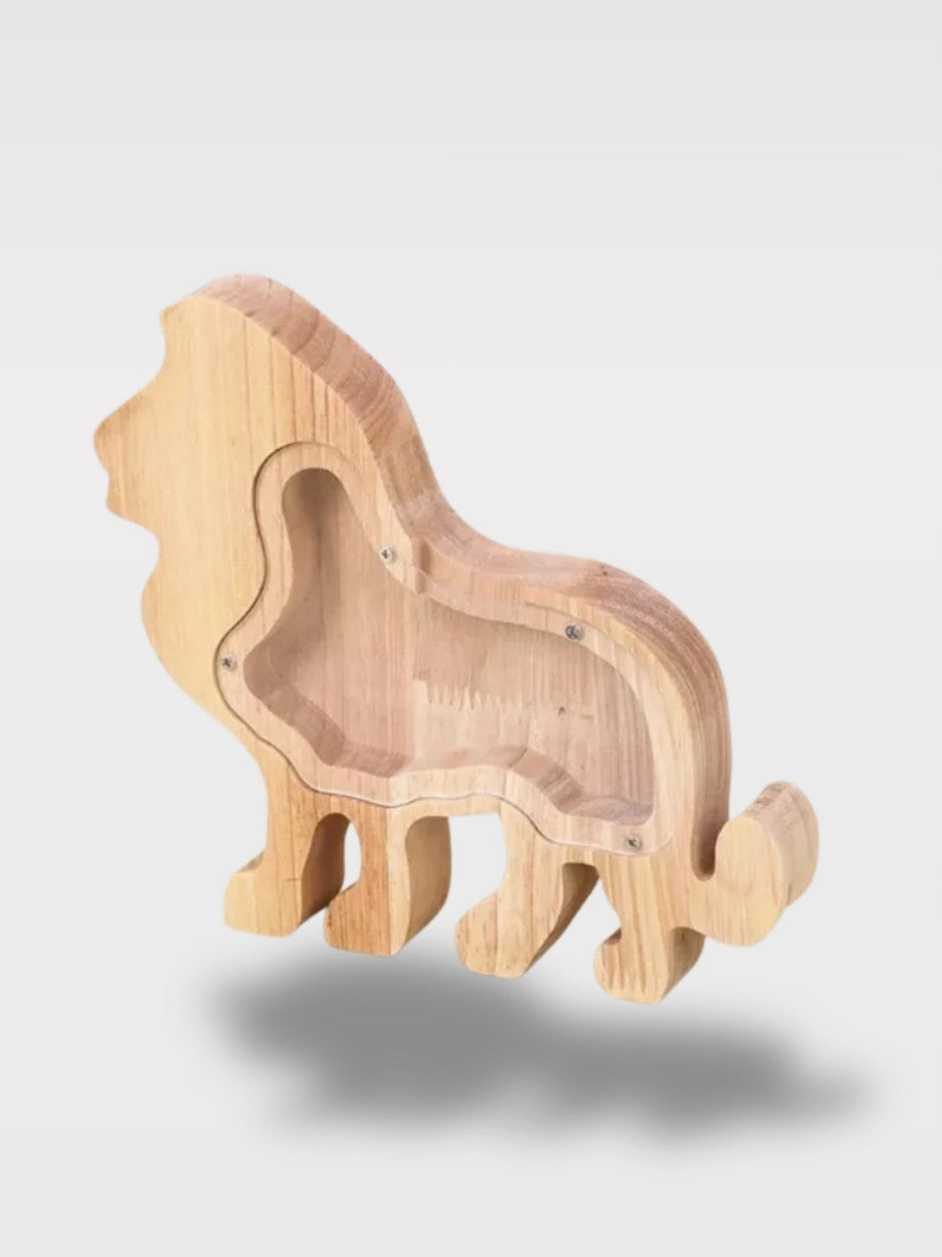 Tirelire Lion en Bois avec Fond Transparent<br>Le Roi de la Savane