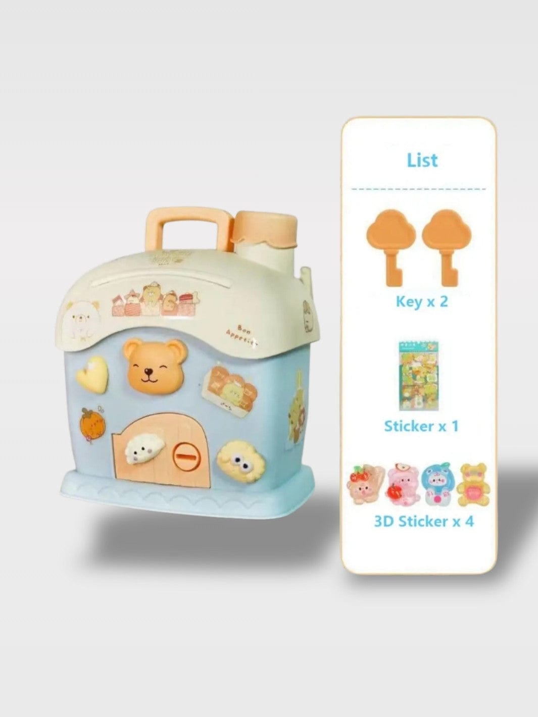 Tirelire Maison Animaux Colorées | Stickers Offerts Pépito – Bleu Maison Ours + 2 clés (13.5 x 14.5 x 9 cm)