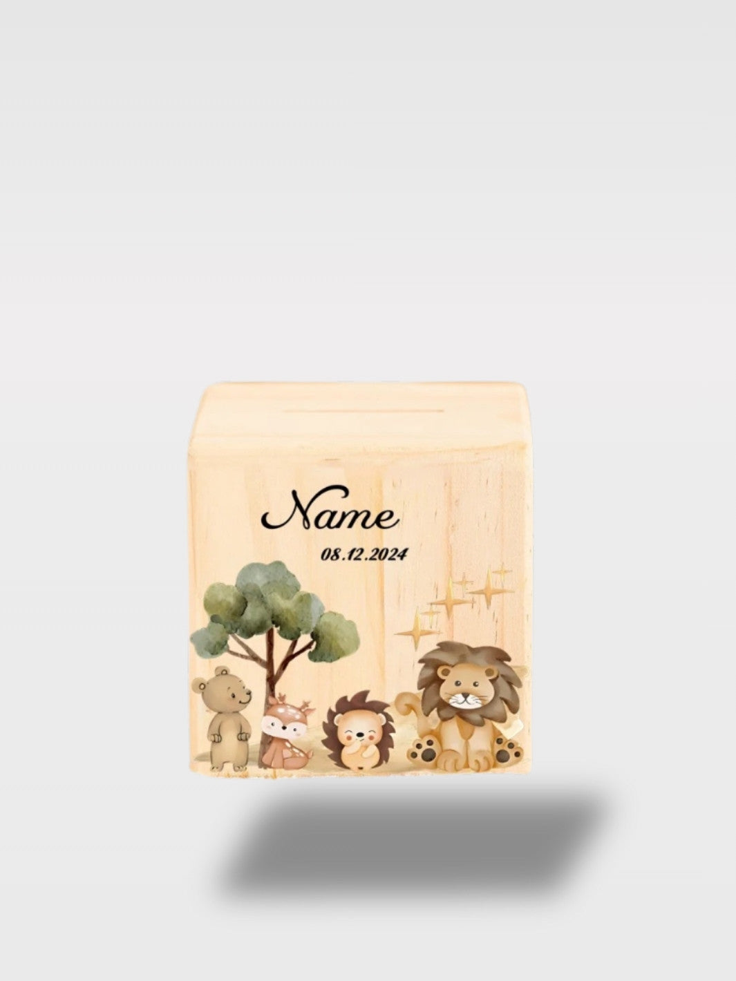 Tirelire Bois Personnalisée Royaume des Animaux Pour Naissance<br>Le Royaume