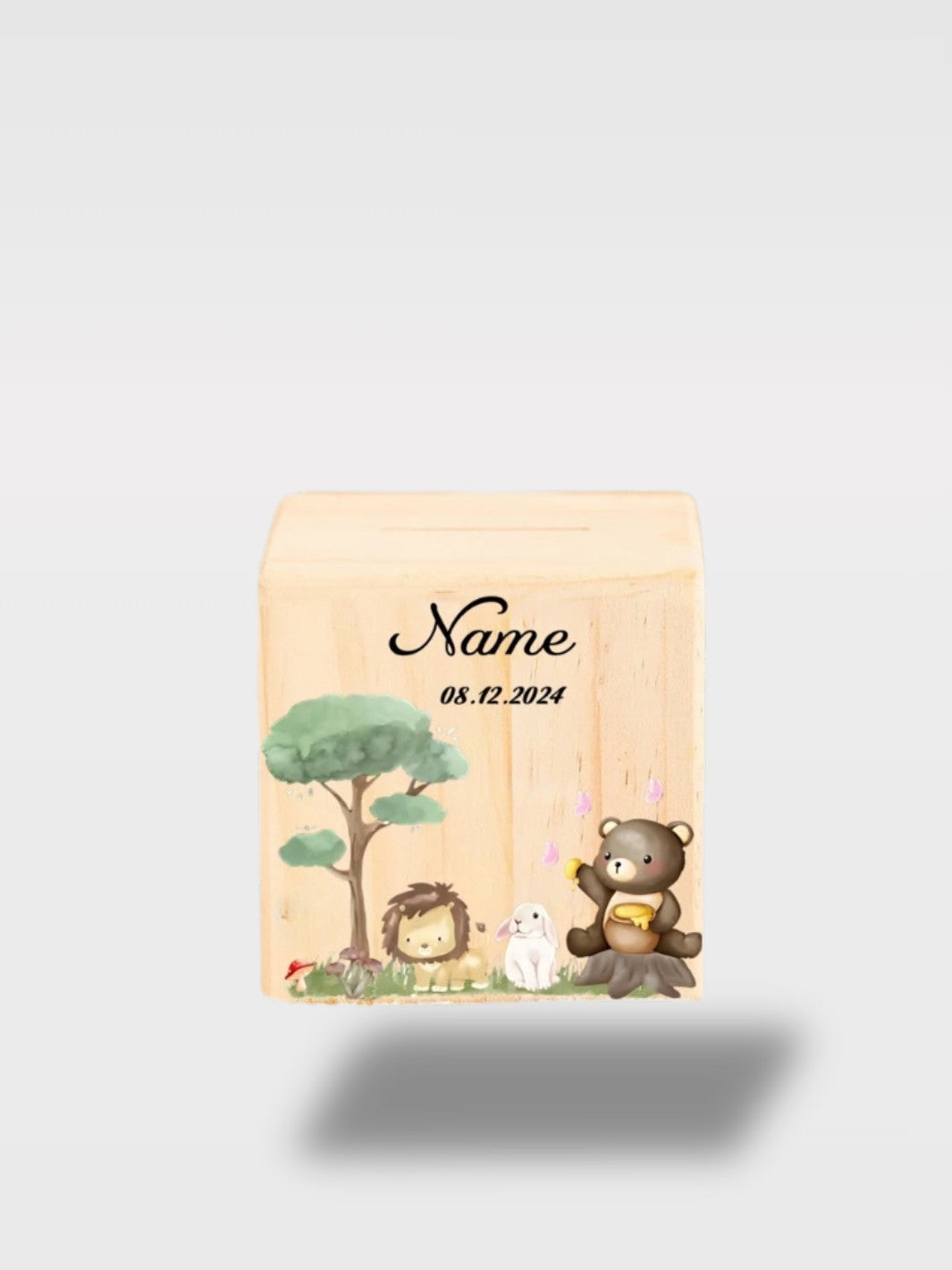 Tirelire Bois Personnalisée Royaume des Animaux Pour Naissance<br>Le Royaume