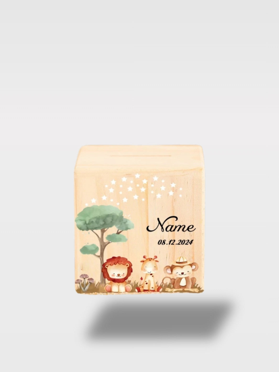 Tirelire Bois Personnalisée Royaume des Animaux Pour Naissance<br>Le Royaume
