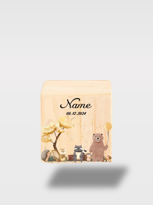 Tirelire Bois Personnalisée Royaume des Animaux Pour Naissance<br>Le Royaume