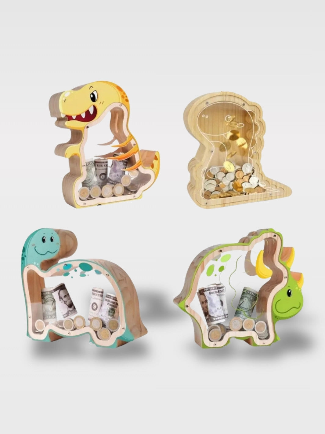 Tirelire Dinosaure Bois avec Fenêtre Transparente<br>Le Petit Fossile