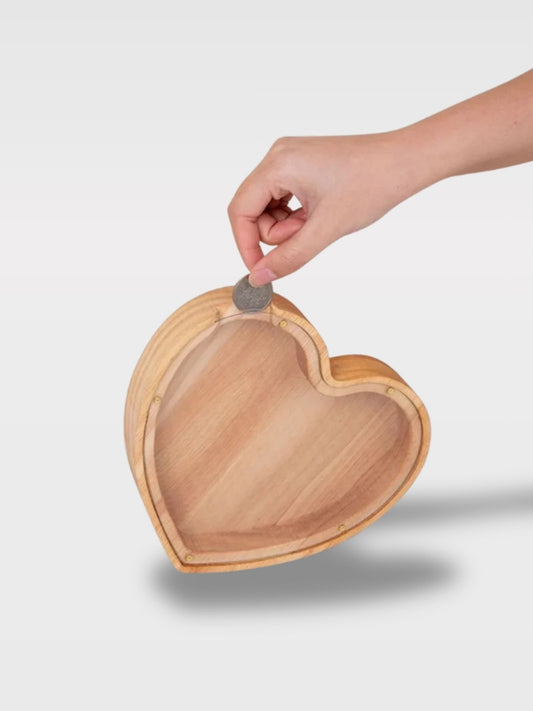 Tirelire en Bois Cœur avec Fenêtre Transparente<br>Le Cœur Économe