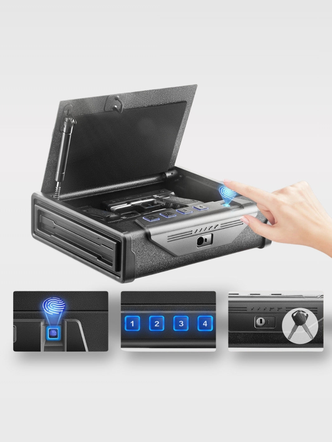 Coffre-Fort Arme À Feu Acier Biométrique Portable 3 En 1<br>Le Vigile Noir