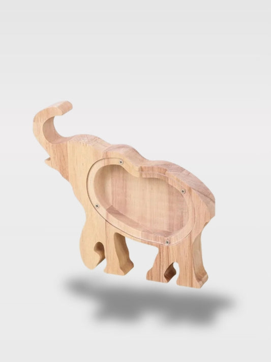Tirelire Éléphant Bois avec Fond Transparent<br>Le Majestueux Géant