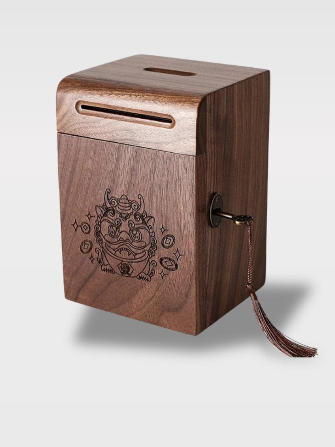 Tirelire Coffre Bois à Clé Design | Fait Main Raffiné Mysta – Bois Foncé + Motifs