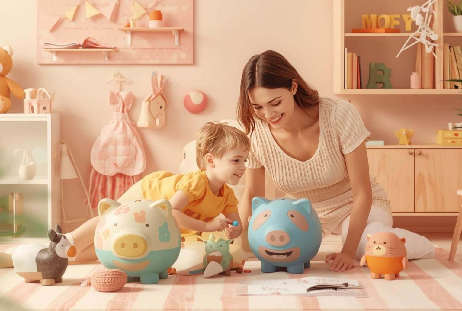 Enfant et sa maman en train de jouer avec ses tirelires