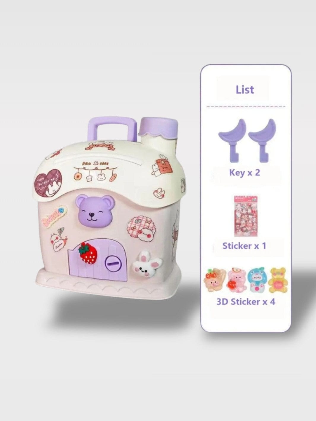 Tirelire Maison Animaux Colorées | Stickers Offerts Biscotte – Violet Maison Lapin Ours + 2 clés (13.5 x 14.5 x 9 cm)
