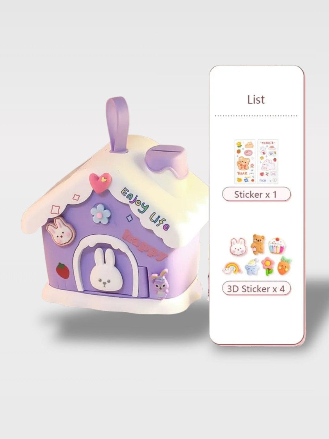 Tirelire Maison Animaux Colorées | Stickers Offerts Gribouille – Violet Maison Lapin (15.5 x 10.5 x 18 cm)