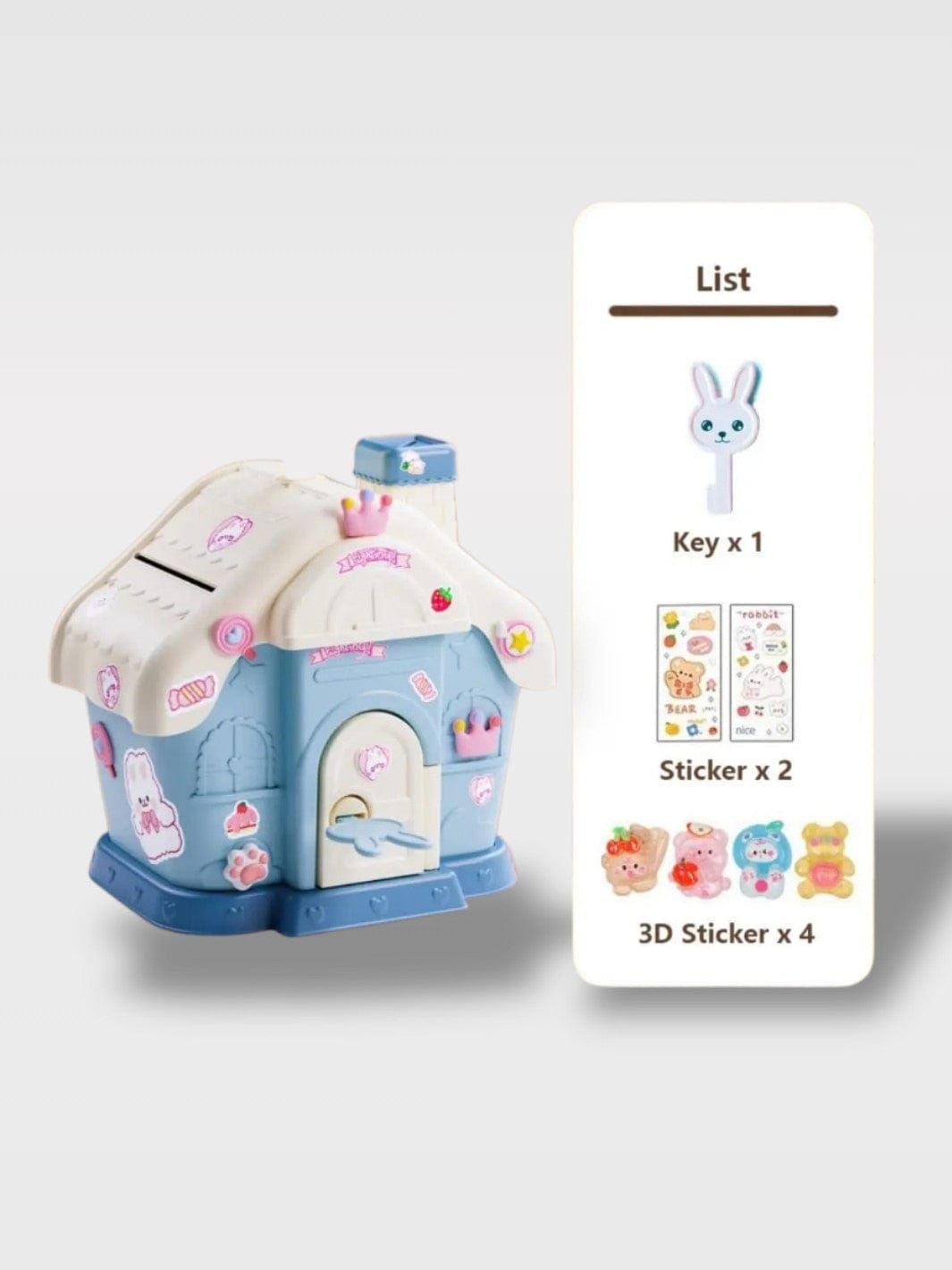 Tirelire Maison Animaux Colorées | Stickers Offerts Kiko – Bleu Maison Lapin + 1 clé (17.5 x 12.5 x 23 cm)