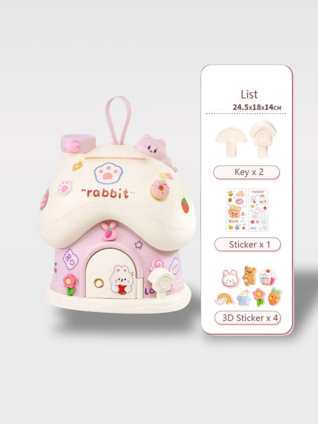 Tirelire Maison Animaux Colorées | Stickers Offerts Misty – Rose Maison Ronde Lapin + 2 clés (24.5 x 18 x 14 cm)