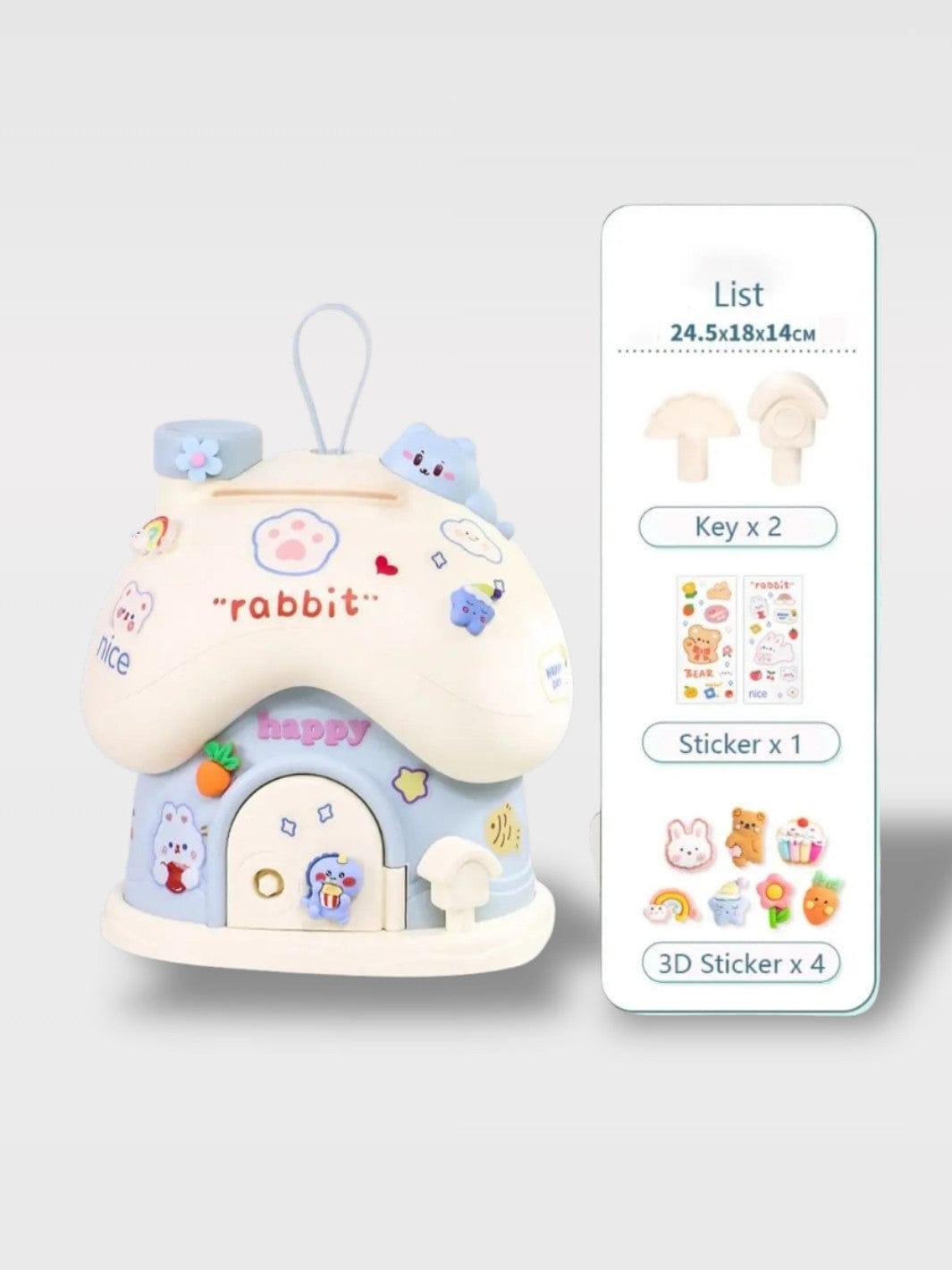 Tirelire Maison Animaux Colorées | Stickers Offerts Moka – Bleu Maison Lapin + 2 clés (24.5 x 18 x 14 cm)
