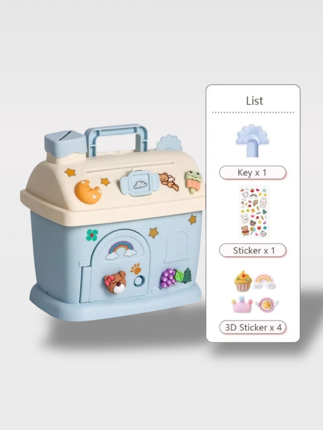 Tirelire Maison Animaux Colorées | Stickers Offerts Plume – Bleu Maison Ours + 1 clé (14.5 x 10.5 x 14 cm)