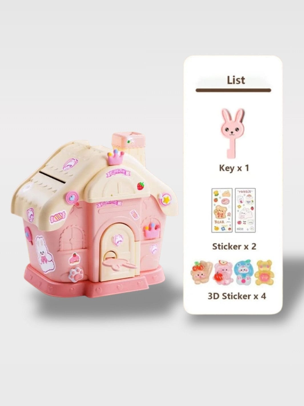 Tirelire Maison Animaux Colorées | Stickers Offerts Tigrou – Rose Maison Carrée Lapin + 1 clé (17.5 x 12.5 x 23 cm)