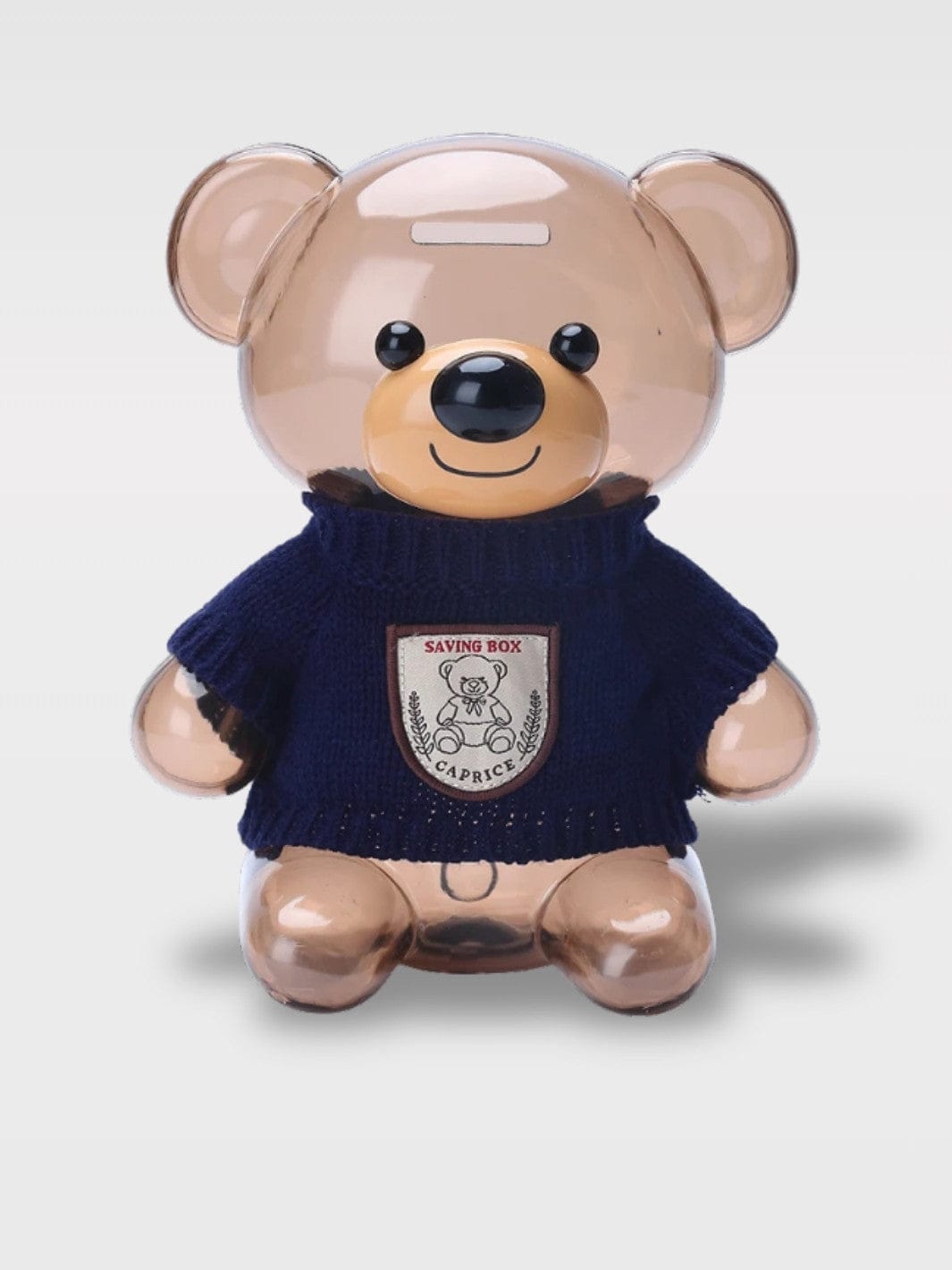 Tirelire Ours Transparent | Le Compagnon Stylé L’Ours au Pull-Over Bleu
