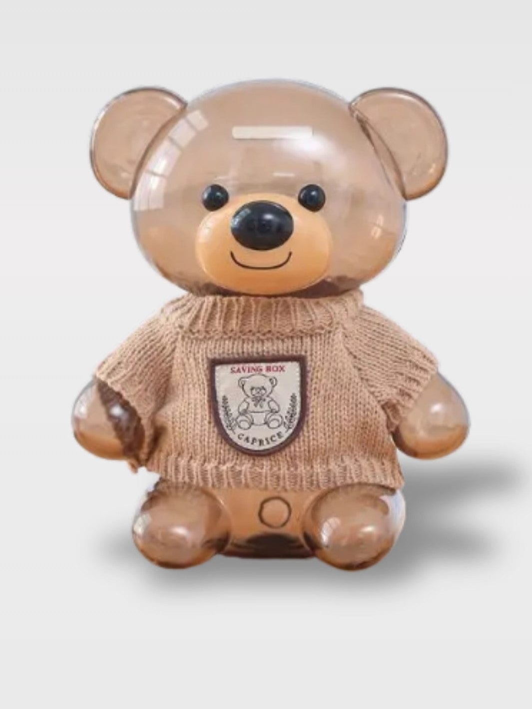Tirelire Ours Transparent | Le Compagnon Stylé L’Ours au Pull-Over Marron